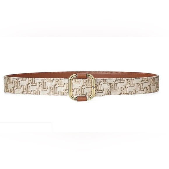 Lauren Ralph Lauren Women\'s Logo Jacquard Slide-Buckle Belt Khaki/Tan Sz L NWT